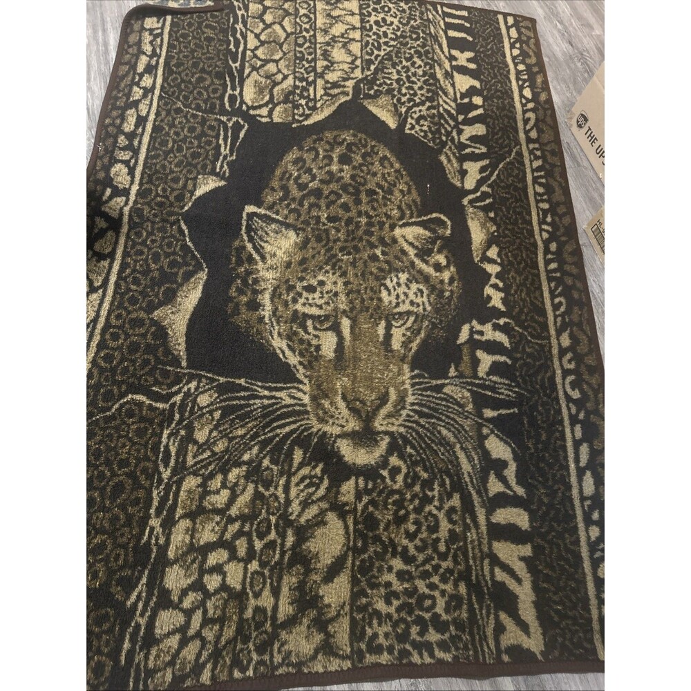 Vtg San Marcos Leopard Blanket Brown Tan Reversible 76x50 Animal Print Fleece
